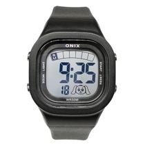Relógio Menino Digital Onix IT-1827 Resistente à água 5 ATM Branco Caixa em Resina Preto Pulseira de Silicone Visor Acrílico Quadrado Fivela Bateria