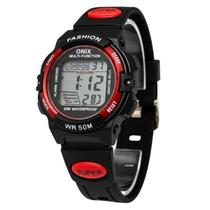 Relógio Menino Digital Onix IT-619 (0128) Resistente à água 5 ATM Branco Caixa em Resina Preto Pulseira de Plástico Visor Acrílico Redondo Fivela