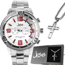 Relogio metálico masculino prata aço inox + pingente cruz caixa qualidade premium original pesado grande religioso jesus