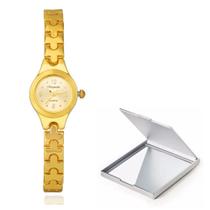 Relógio Minimalista Dourado Moda Feminino De Pulso + Espelho