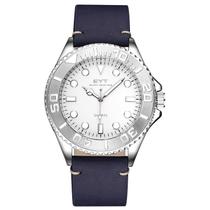 Relógio mod d6838g caixa prata, mostrador branco, pulseira azul escuro