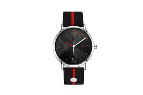Relógio mod k8050 caixa prata, mostrador preto, pulseira preta e vermelha