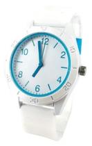 Relógio Moderno Pulseira Branco Com Azul de Borracha Analógico Unissex com caixa