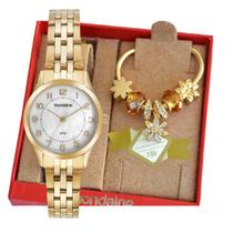 Relogio Mondaine Dourado Pequeno Feminino Numeros 32796 + Kit Semi Joia