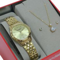 Relógio Mondaine Feminino Analógico Dourado Kit 32720LPMKDE1K1