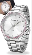 Relógio Mondaine Feminino Analógico Quartz De Pulso Prateado Com Pulseira Em Aço Inoxidavel E Bisel Com Cristais Rosa A Prova Dágua Original