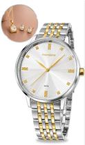 Relógio Mondaine Feminino Bicolor Dourado e Prata Kit com Colar e Brincos Aço Inoxidável À Prova DÁgua 50 Metros