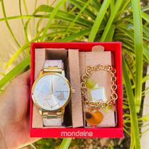 Relogio mondaine feminino dourado com coração e pulseira