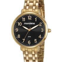 Relogio Mondaine Feminino dourado fundo preto social com numeros 53779LPMVDE2