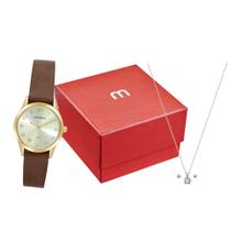 Relogio Mondaine Feminino dourado pequeno com numeros pulseira de couro marrom classico social banhado kit semi joia 32793LPMKDH1K1