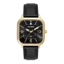 Relogio Mondaine Feminino dourado preto quadrado pulseira de couro calendario moderno minimalista 99642GPMVDH3