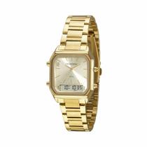 Relogio Mondaine Feminino dourado quadrado anadigi analogico e digital 2 em 1 32216LPMVDE1