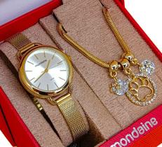 Relógio Mondaine Feminino Original Dourado Redondo À Prova D'Água com NF 612D