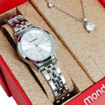 Relógio Mondaine Feminino Original Prata Numérico Strass À Prova D'Água com NF Colar E Brincos 720P