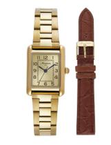Relogio Mondaine Feminino pequeno dourado quadrado com numeros pulseira de couro e aço kit banhado folheado 32821LPMKDE1