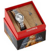 Relogio Mondaine Feminino pequeno prata Nossa Senhora Aparecida kit prateado 99749L0MKNE2K1