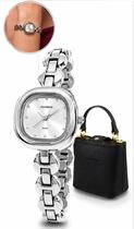 Relógio Mondaine Feminino Pequeno Prateado Delicado Elegante Quadrado Aço Inoxidável com Bolsa Original
