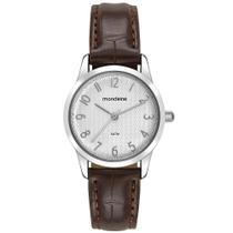 Relogio Mondaine Feminino pequeno prateado numero classico social pulseira couro marrom kit 99917L0MKNH2K1