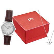 Relogio Mondaine Feminino prata numeros pulseira de couro marrom classico social prova dagua kit 32794L0MKNH2K1