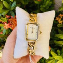 Relogio mondaine feminino quadrado cravejado e pulseira corrente