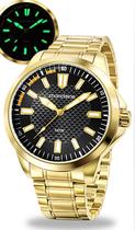 Relógio Mondaine Masculino Analógico Dourado Fundo Preto Quartz Pulseira De Aço Inoxidável Brilha No Escuro Prova Dágua 50 Metros Original