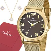 Relógio Mulher Champion Original Analógico Dourado Kit Joias Cor Do Fundo Branco