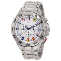 Relógio Nautica N20503G Prata Fundo Branco com Bandeiras Aço Cronografo