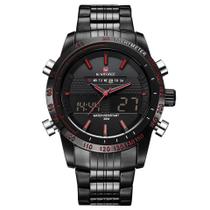 Relógio naviforce 9024 masculino social preto com detalhes vermelho anadigi social