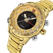 Relógio naviforce 9093 dourado digital analogico social inox casual