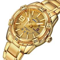 Relógio naviforce 9117 masculino original analogico dourado inox social casual