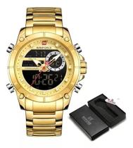 Relogio Naviforce 9163 Preto Masculino Digital e Analógico Dourado