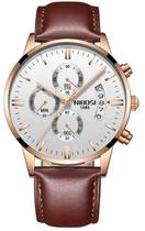 Relógio Nibosi 2309 Pulseira de Couro Marrom Visor Branco Cronógrafo Funcional e Estojo Original