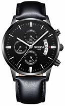 Relógio Nibosi 2309 Pulseira de Couro Preto Visor Preto Cronógrafo Funcional e Estojo Original