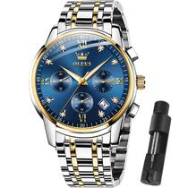 Relógio OLEVS azul/dourado em dois tons para homens com cronógrafo 30m WR