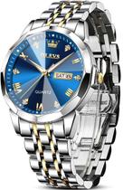 Relógio OLEVS azul, prata e ouro para homens em aço inoxidável