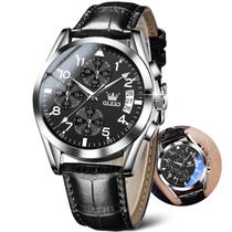 Relógio OLEVS Black Leather Band Chronograph para homens à prova d'água Relógio OLEVS Black Leather Band Chronograph para homens à prova d'água