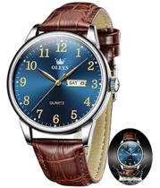 Relógio OLEVS Blue Face para homens com pulseira de couro marrom