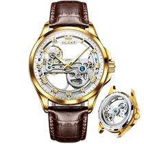 Relógio OLEVS Gold Silver Skeleton Tourbillon para couro masculino