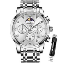 Relógio OLEVS Luxury Dress Moon Phase Analog para homens prateado