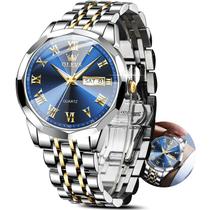Relógio OLEVS masculino Blue Face com data diurna em dourado/prata em aço inoxidável Relógio OLEVS masculino Blue Face com data diurna em dourado/prata em aço inoxidável