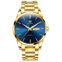 Relógio OLEVS masculino com moldura dourada em aço inoxidável com face azul Relógio OLEVS masculino com moldura dourada em aço inoxidável com face azul