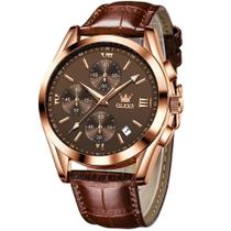 Relógio OLEVS Masculino em Couro Marrom, Rosa e Dourado - Cronógrafo
