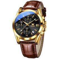 Relógio OLEVS Masculino - Pulseira de Couro Marrom e Caixa de Aço Dourado