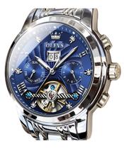 Relógio OLEVS Men Automatic Skeleton 5 Hands Blue Stainless Steel