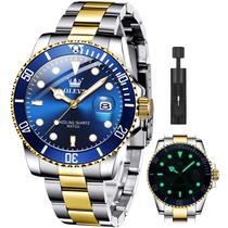 Relógio OLEVS Pro Diver Two Tone - Dourado e Azul - À Prova D'Água