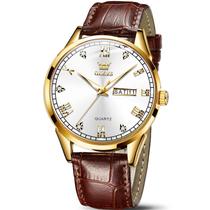 Relógio OLEVS, pulseira masculina de couro Day and Date, marrom/dourada