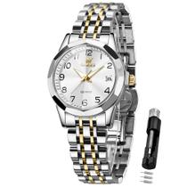 Relógio OLEVS Silver Dress Analog Quartz para mulheres com caixa