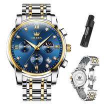 Relógio OLEVS Silver Stainless Steel Azul/Dourado Moon Phase Masculino