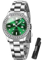 Relógio OLEVS Women Green Face Silver Watch Women for Small Pulsos Diamond Impermeável em Aço Inoxidável Relógios Femininos de Quartzo Elegante Relógios Femininos Reloj para Mujer