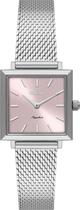 Relógio Orient Feminino Analógico Quadrado Prata Safira Fundo Rosa Pulseira Mesh LBSS0091 R1SX